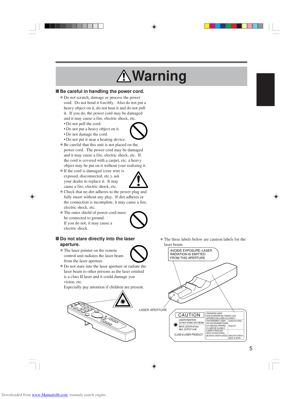 Hitachi CP-X955E specifications Be careful in handling the power cord, Do not stare directly into the laser Aperture 