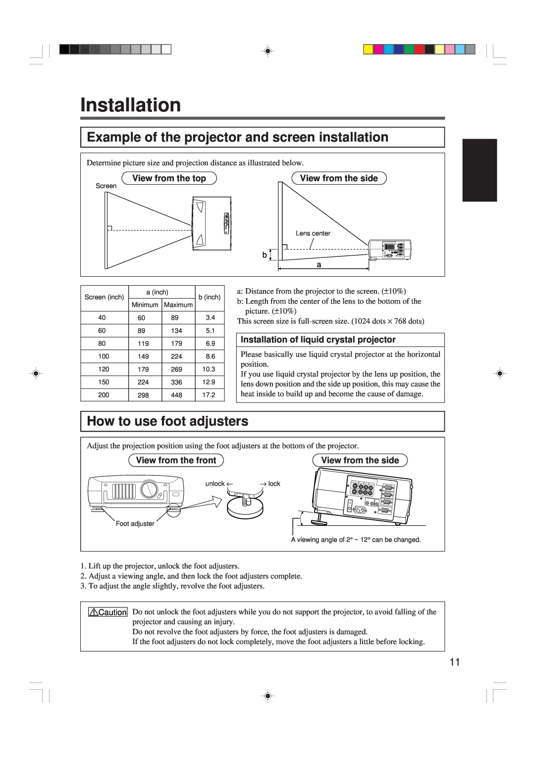 Hitachi CP-X955W/E specifications Installation, Example of the projector and screen installation, How to use foot adjusters 