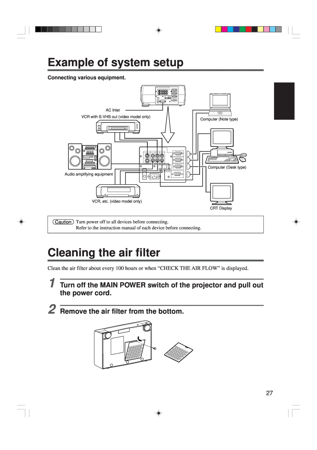 Hitachi CP-X955W/E specifications Example of system setup, Cleaning the air filter, Remove the air filter from the bottom 