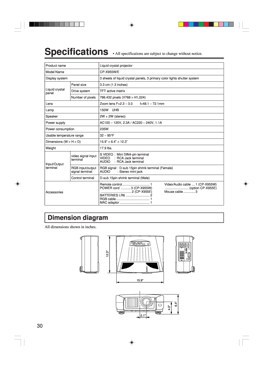 Hitachi CP-X955W/E specifications Dimension diagram, All dimensions shown in inches 