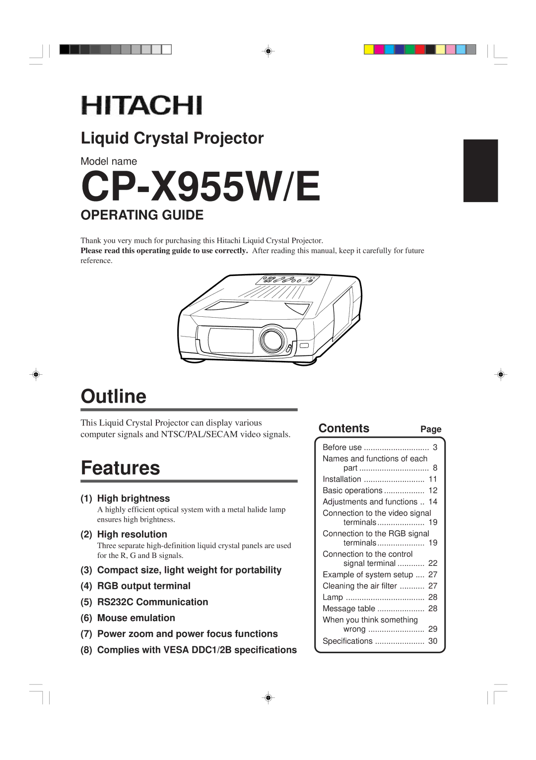 Hitachi CP-X955W/E specifications Outline, Features, Operating Guide, ContentsPage 