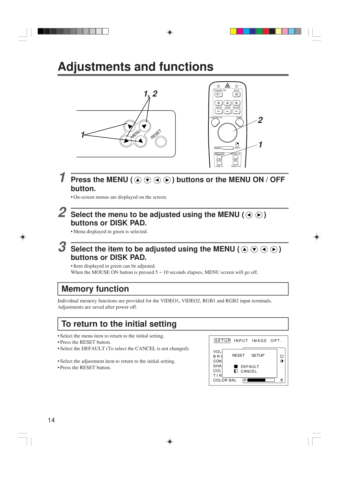 Hitachi CP-X955W/E specifications Adjustments and functions, Press the Menu buttons or the Menu on / OFF button 