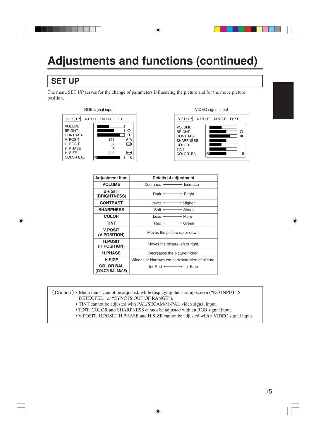 Hitachi CP-X955W/E specifications Set Up, Brightness, Size, Color BAL 