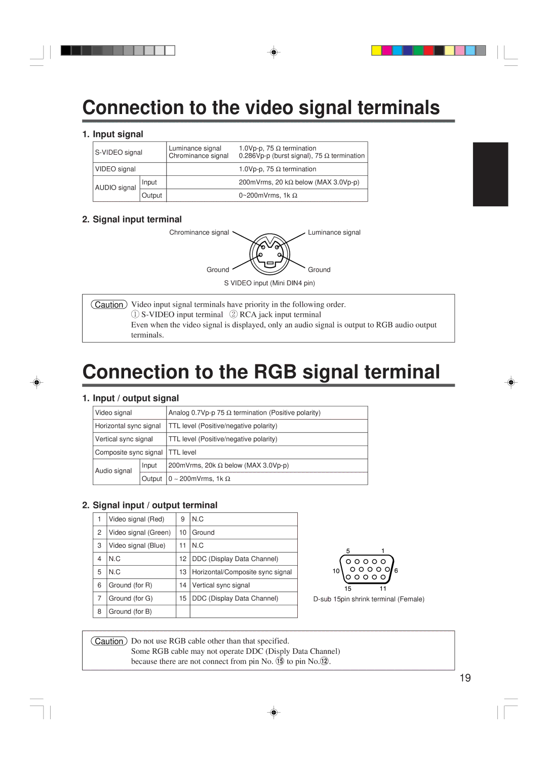 Hitachi CP-X955W/E specifications Connection to the video signal terminals, Connection to the RGB signal terminal 