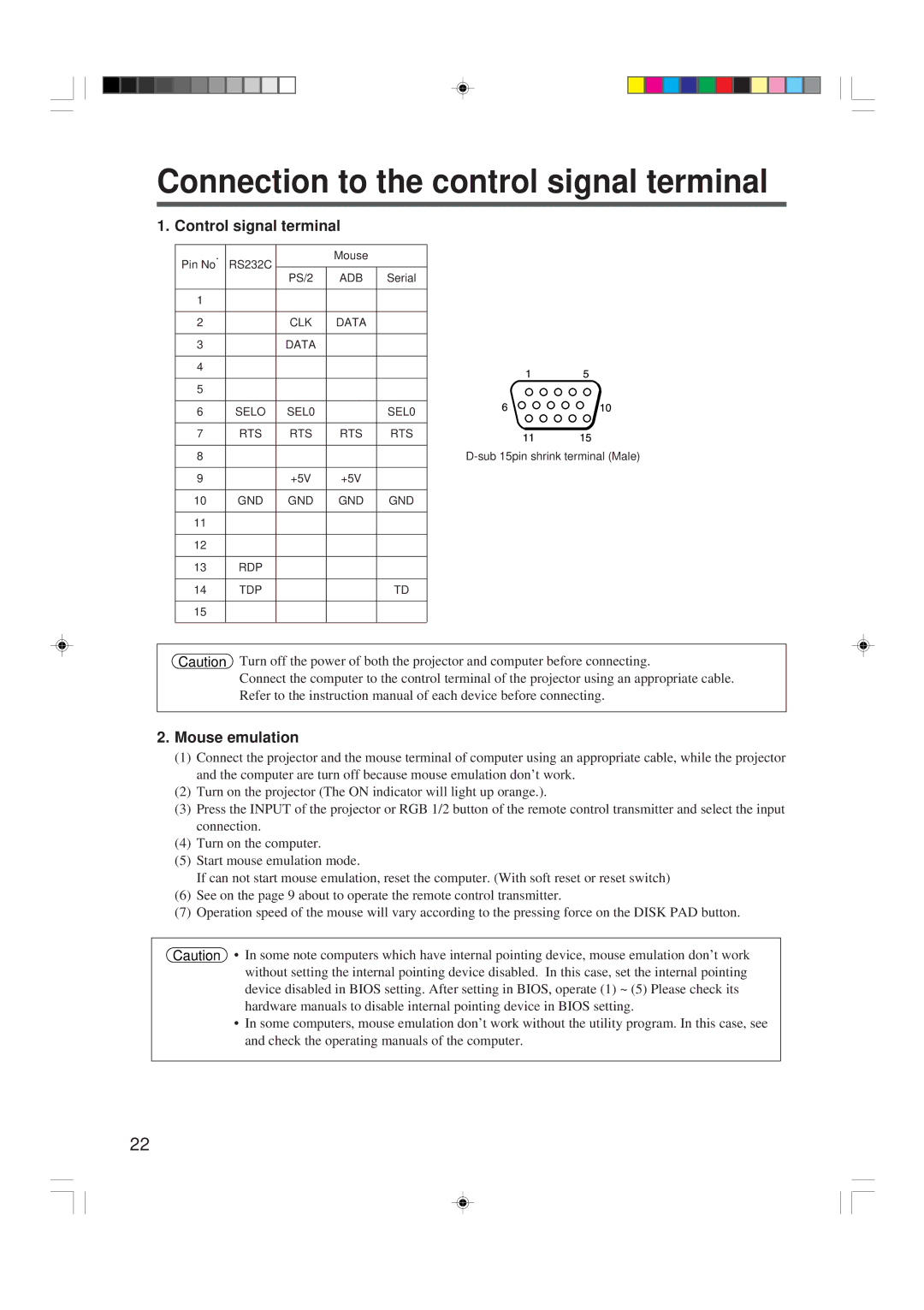 Hitachi CP-X955W/E specifications Connection to the control signal terminal, Control signal terminal, Mouse emulation 