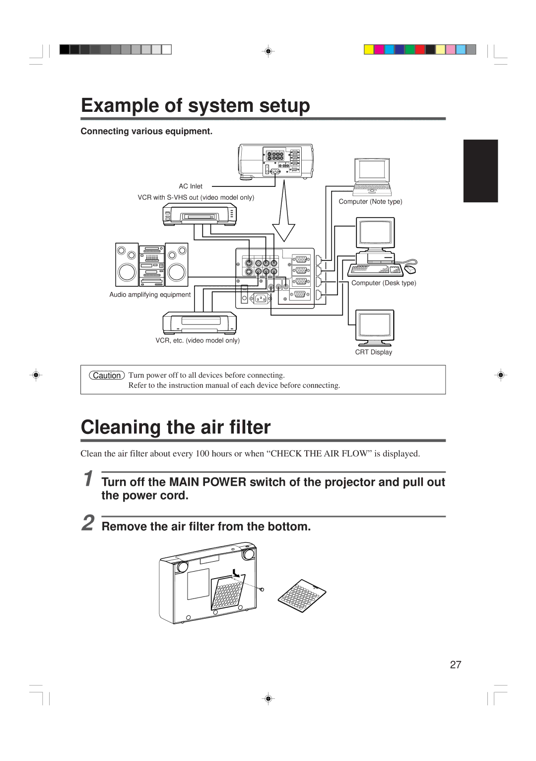 Hitachi CP-X955W/E specifications Example of system setup, Cleaning the air filter, Connecting various equipment 