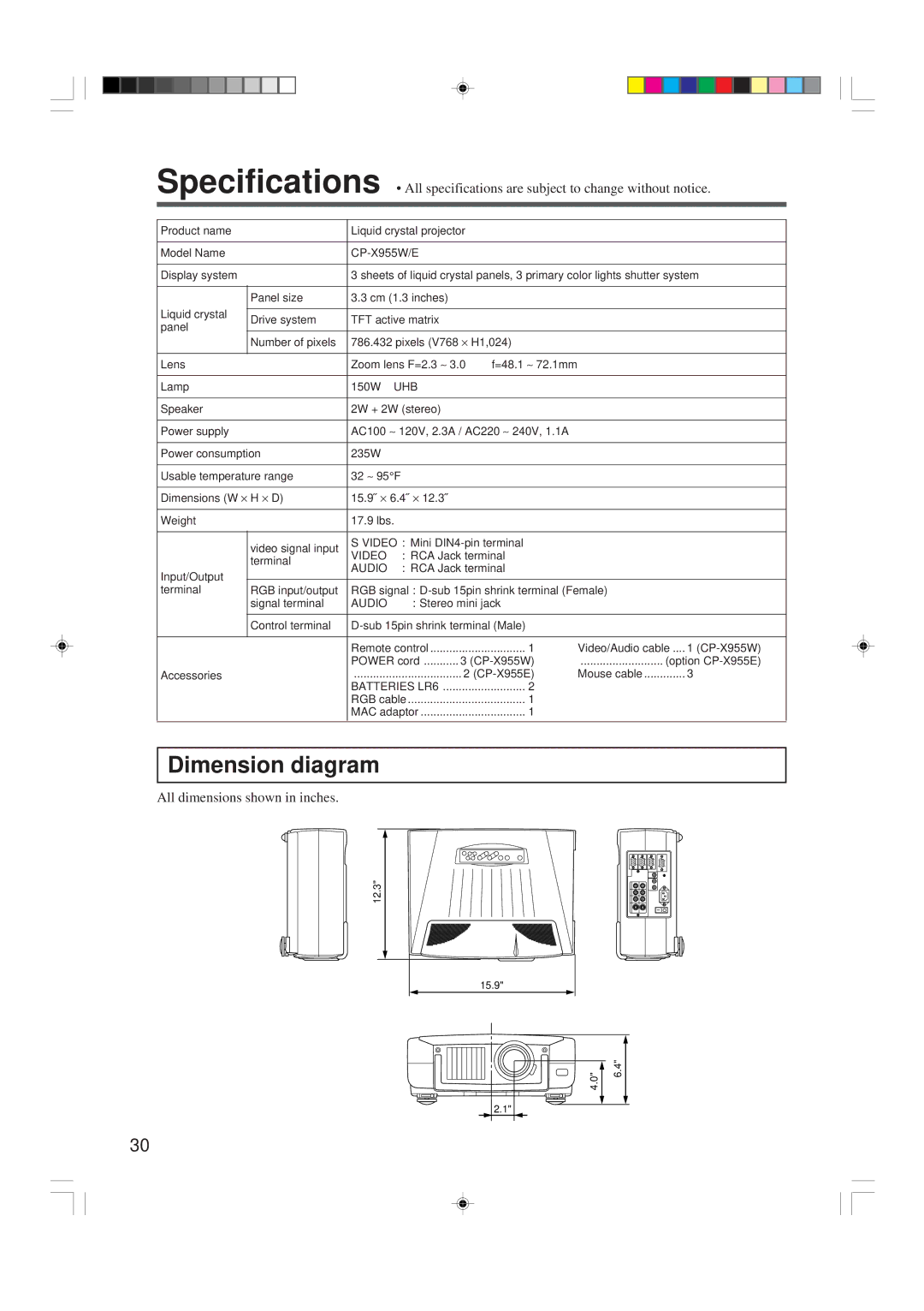 Hitachi CP-X955W/E specifications Dimension diagram 