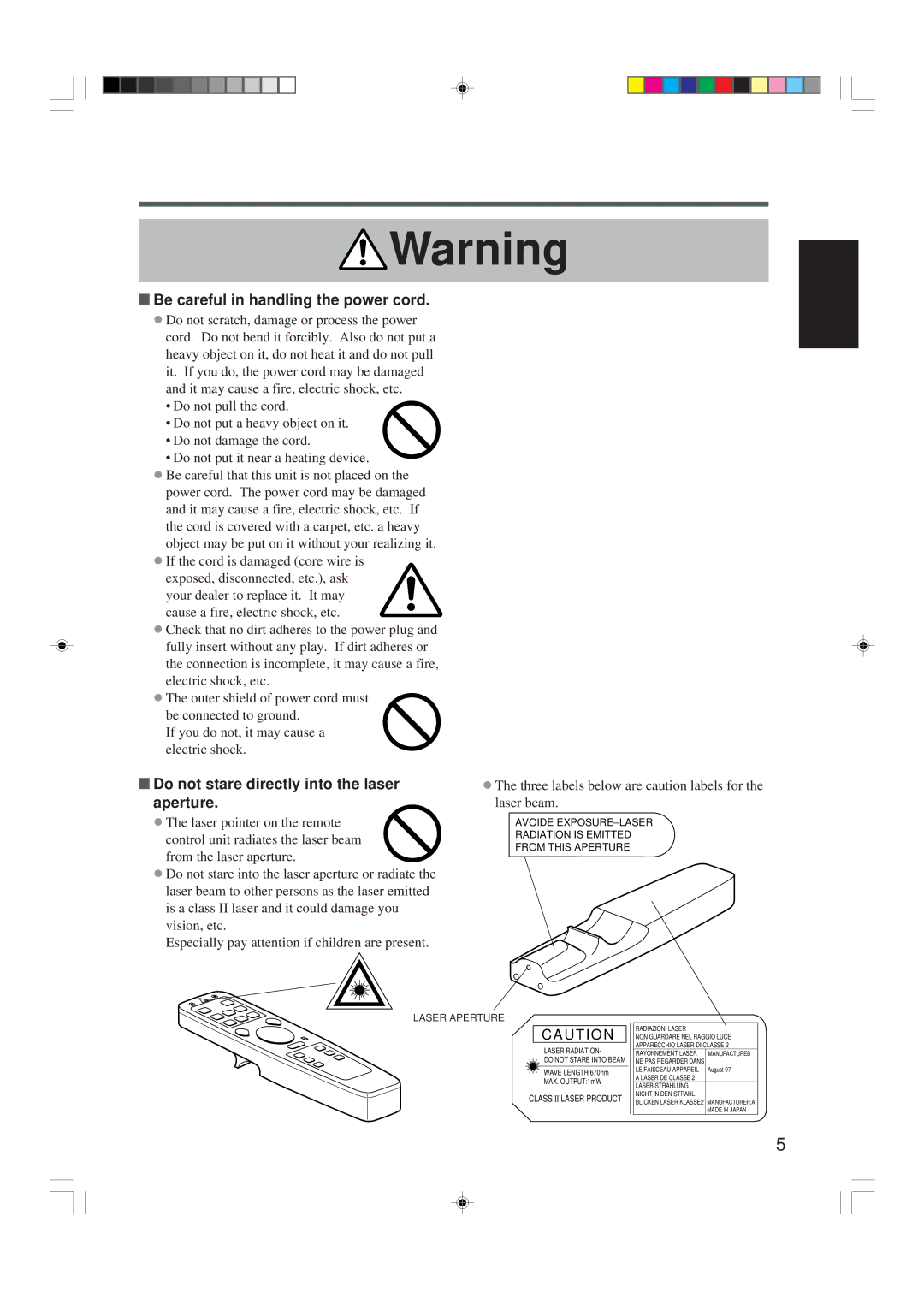 Hitachi CP-X955W/E specifications Be careful in handling the power cord, Do not stare directly into the laser Aperture 