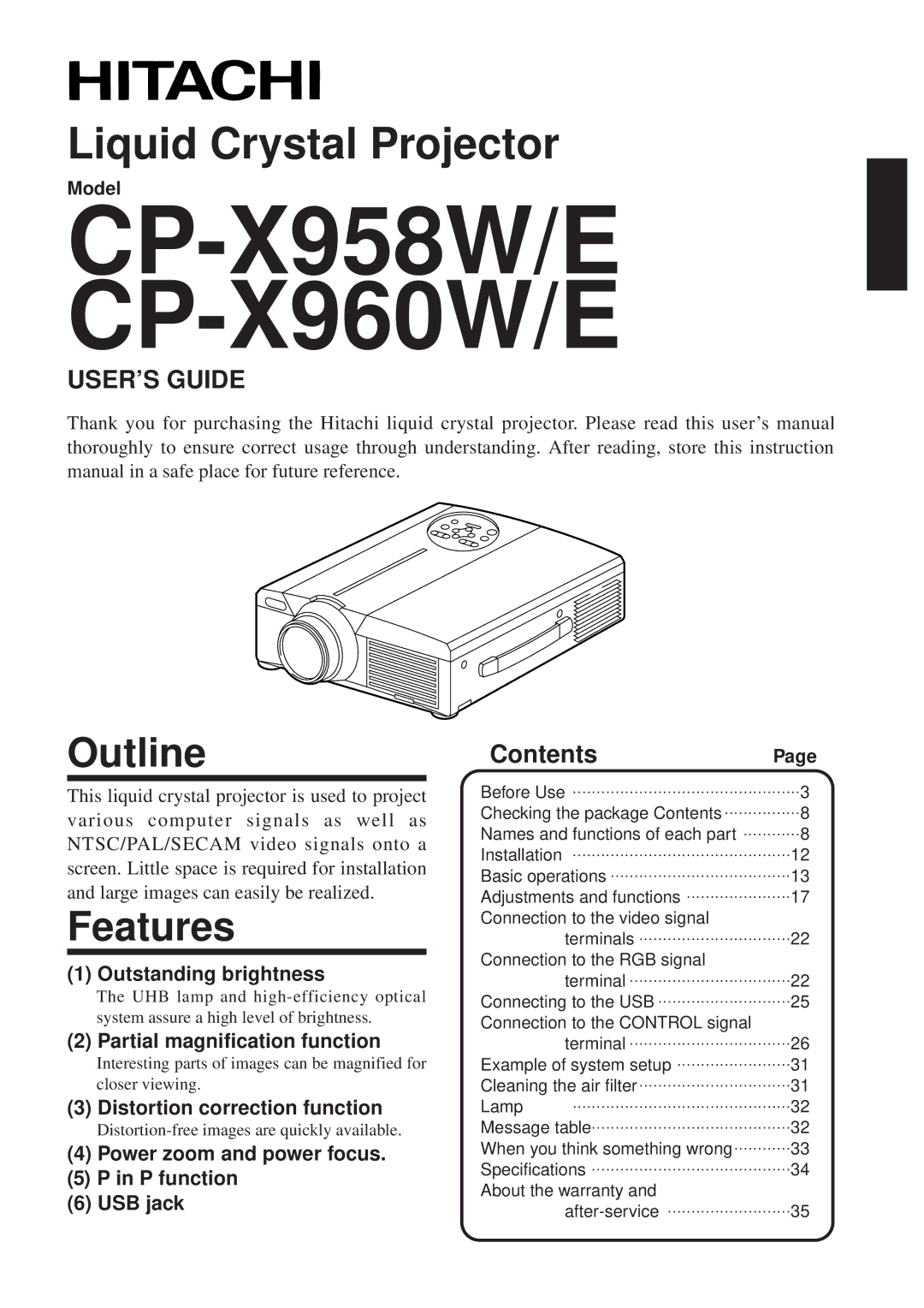 Hitachi CP-X958W/E user manual Outline, Features, Contents 