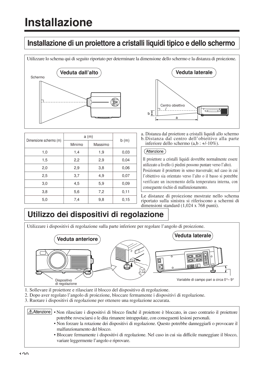 Hitachi CP-X958W/E user manual Installazione, Utilizzo dei dispositivi di regolazione, Veduta dall’alto Veduta laterale 