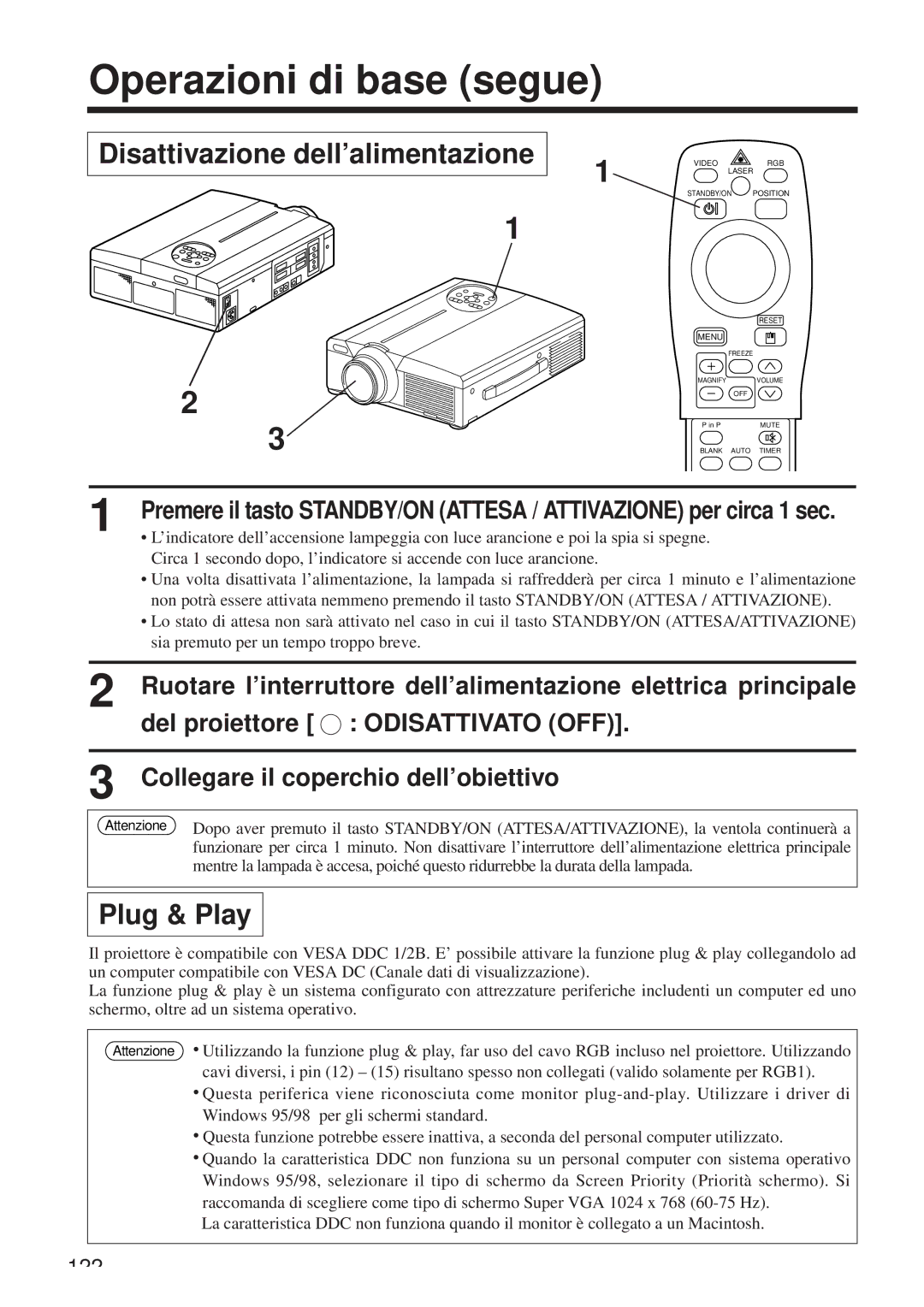 Hitachi CP-X958W/E user manual Operazioni di base segue, Disattivazione dell’alimentazione, Del proiettore Odisattivato OFF 