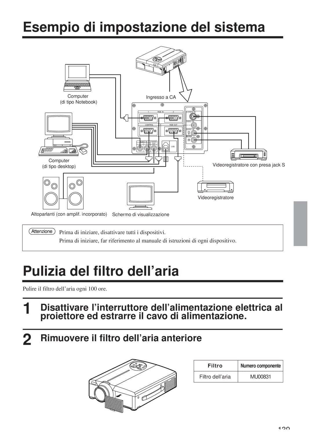 Hitachi CP-X958W/E user manual Esempio di impostazione del sistema, Pulizia del filtro dell’aria 