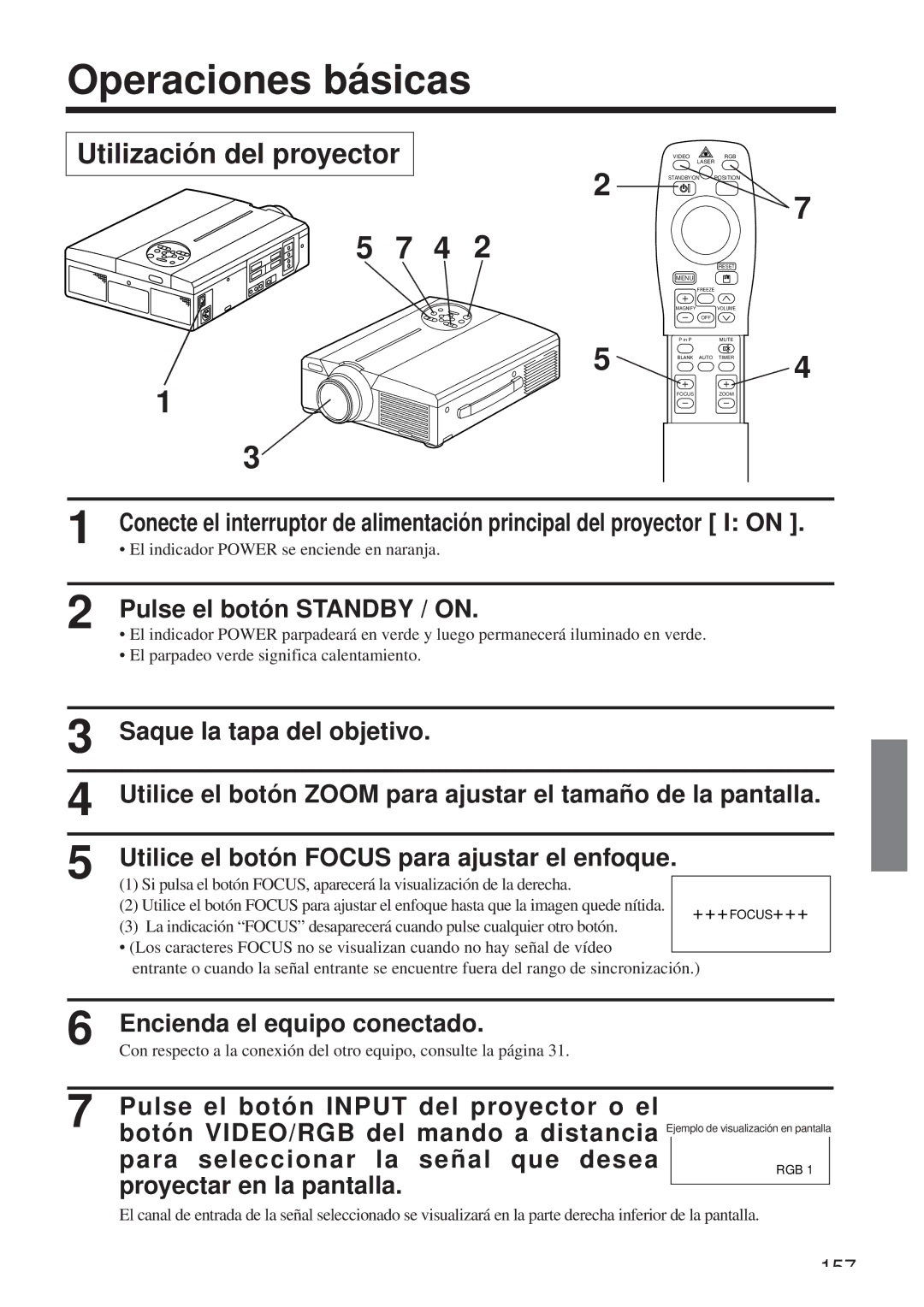 Hitachi CP-X958W/E user manual Operaciones básicas, Utilización del proyector, Pulse el botón Standby / on 