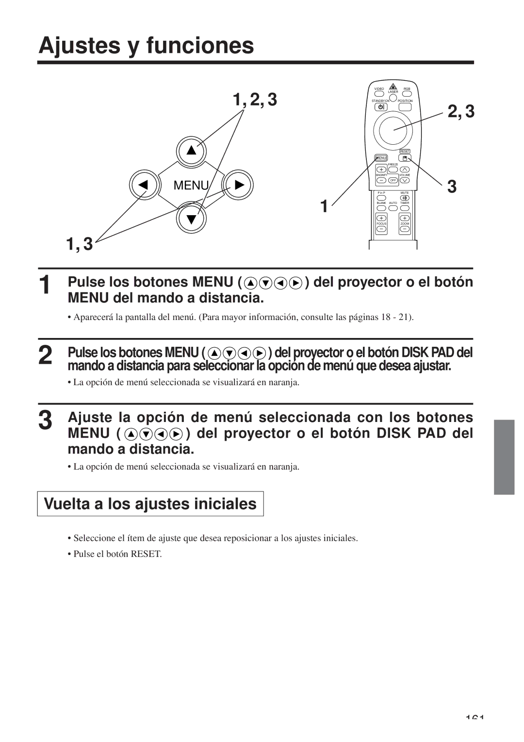 Hitachi CP-X958W/E Ajustes y funciones, Vuelta a los ajustes iniciales, Pulse los botones Menu, Menu del mando a distancia 