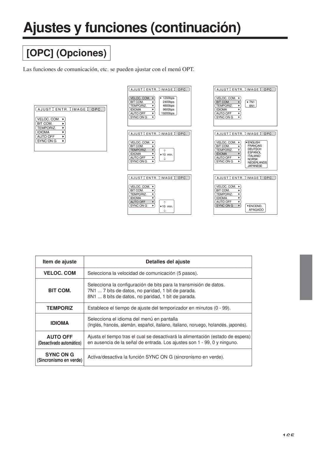 Hitachi CP-X958W/E user manual OPC Opciones, Temporiz 