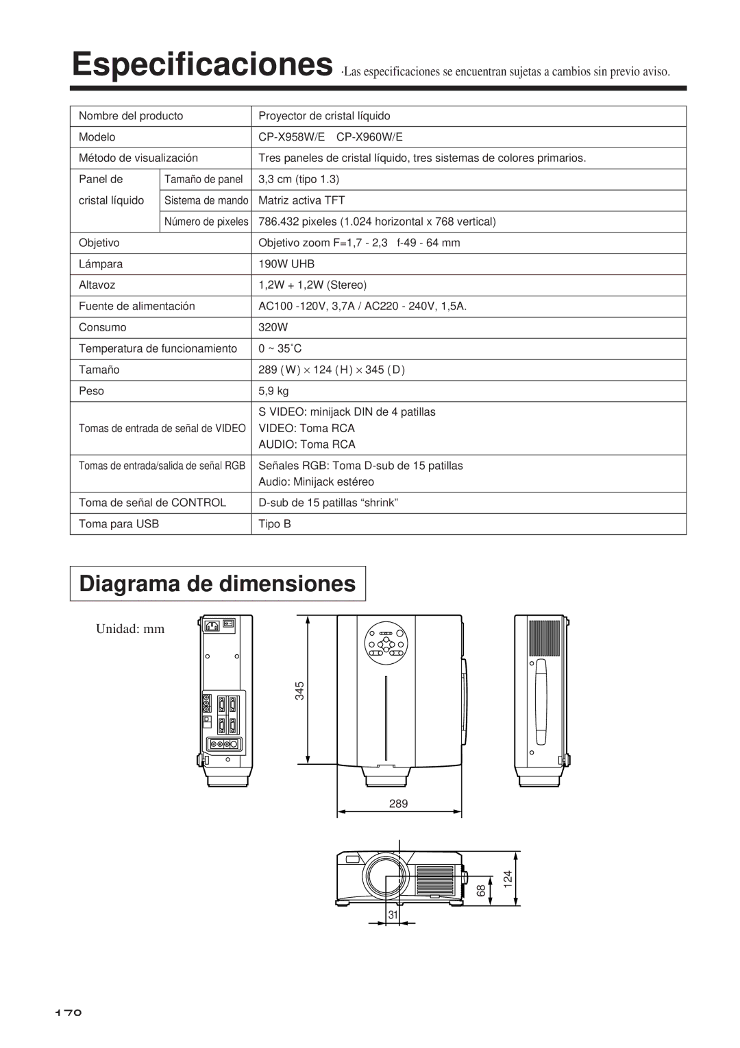 Hitachi CP-X958W/E user manual Diagrama de dimensiones, Unidad mm 