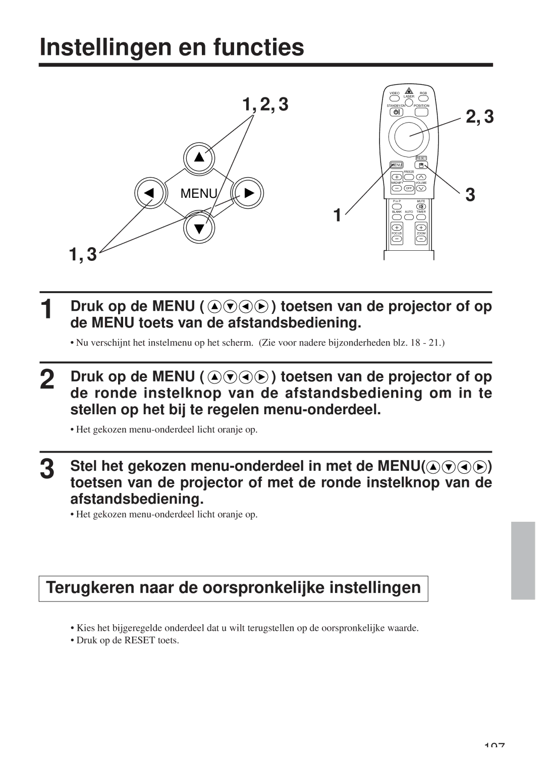 Hitachi CP-X958W/E user manual Instellingen en functies, Terugkeren naar de oorspronkelijke instellingen 