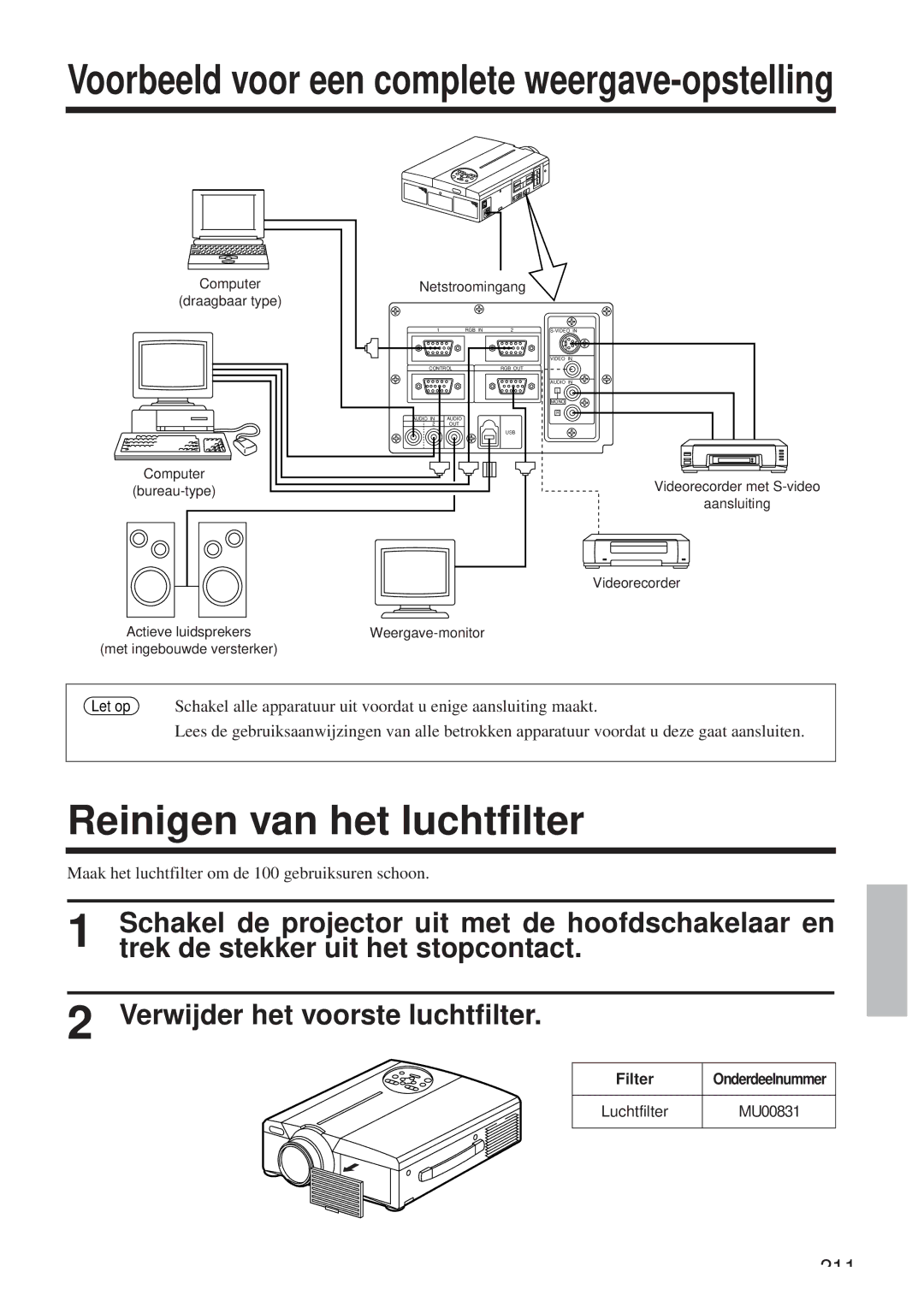 Hitachi CP-X958W/E Reinigen van het luchtfilter, Maak het luchtfilter om de 100 gebruiksuren schoon, Filter, Luchtfilter 