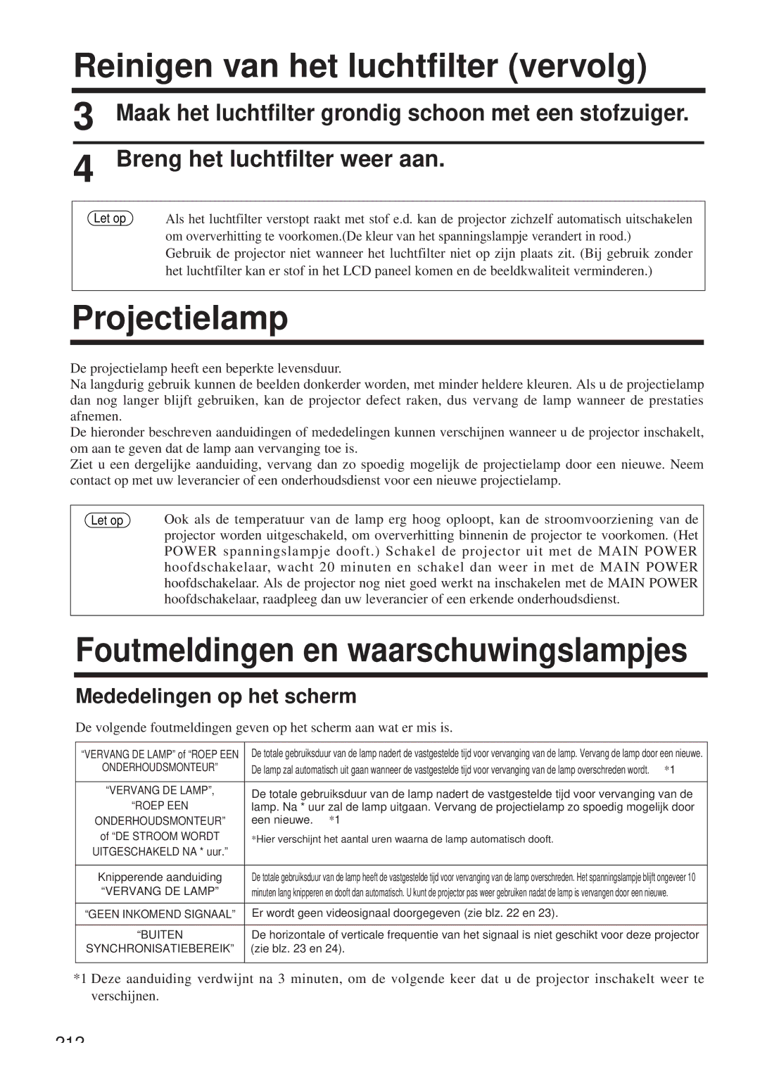 Hitachi CP-X958W/E user manual Reinigen van het luchtfilter vervolg, Projectielamp, Foutmeldingen en waarschuwingslampjes 