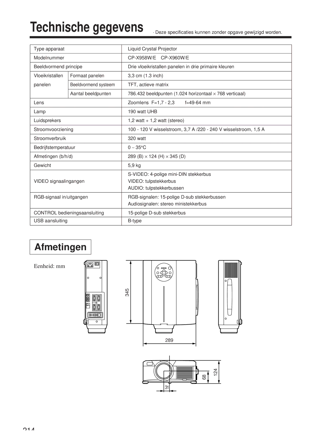 Hitachi CP-X958W/E user manual Afmetingen, Eenheid mm 