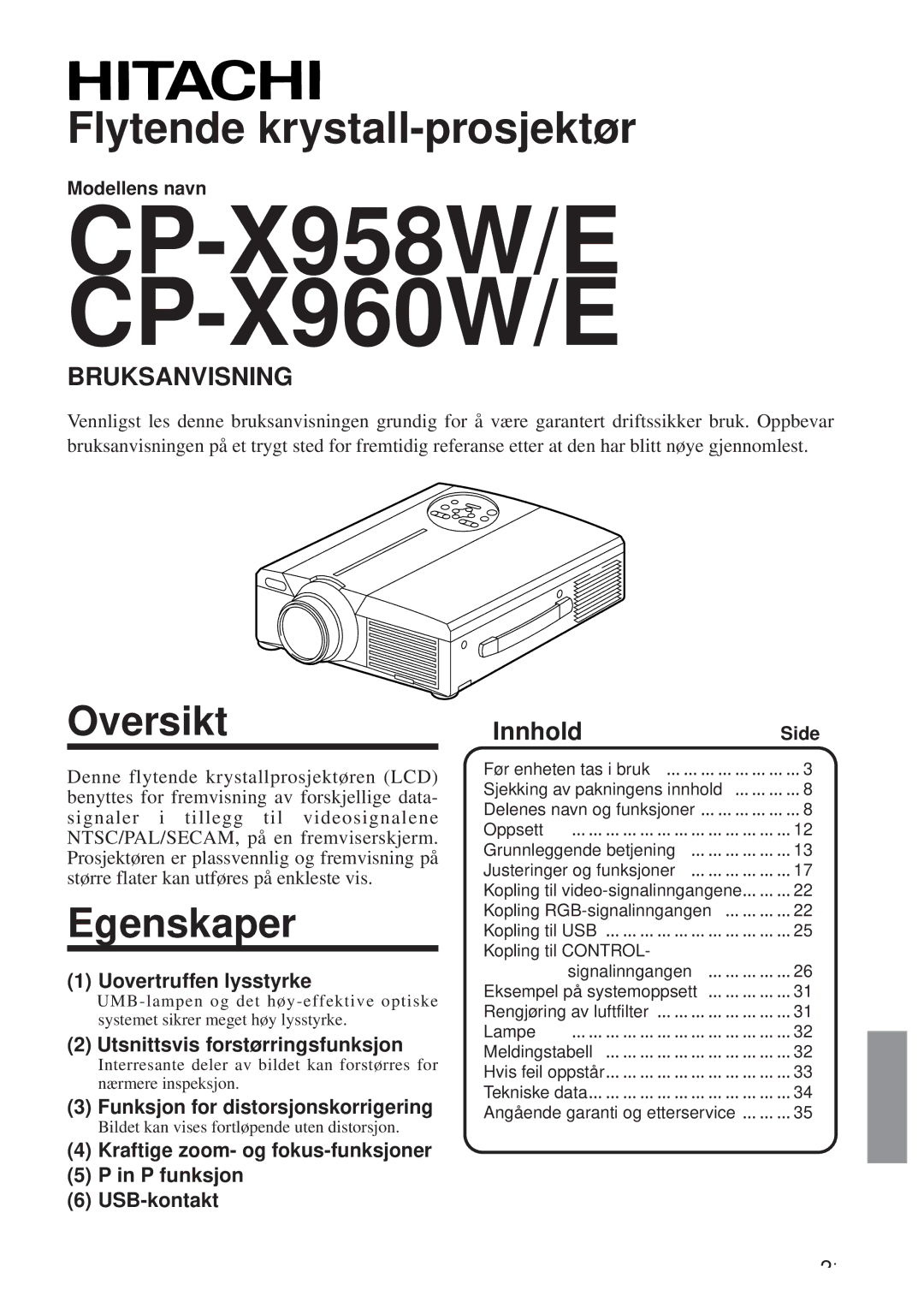 Hitachi CP-X958W/E user manual Oversikt, Egenskaper, Innhold, Modellens navn, Side 