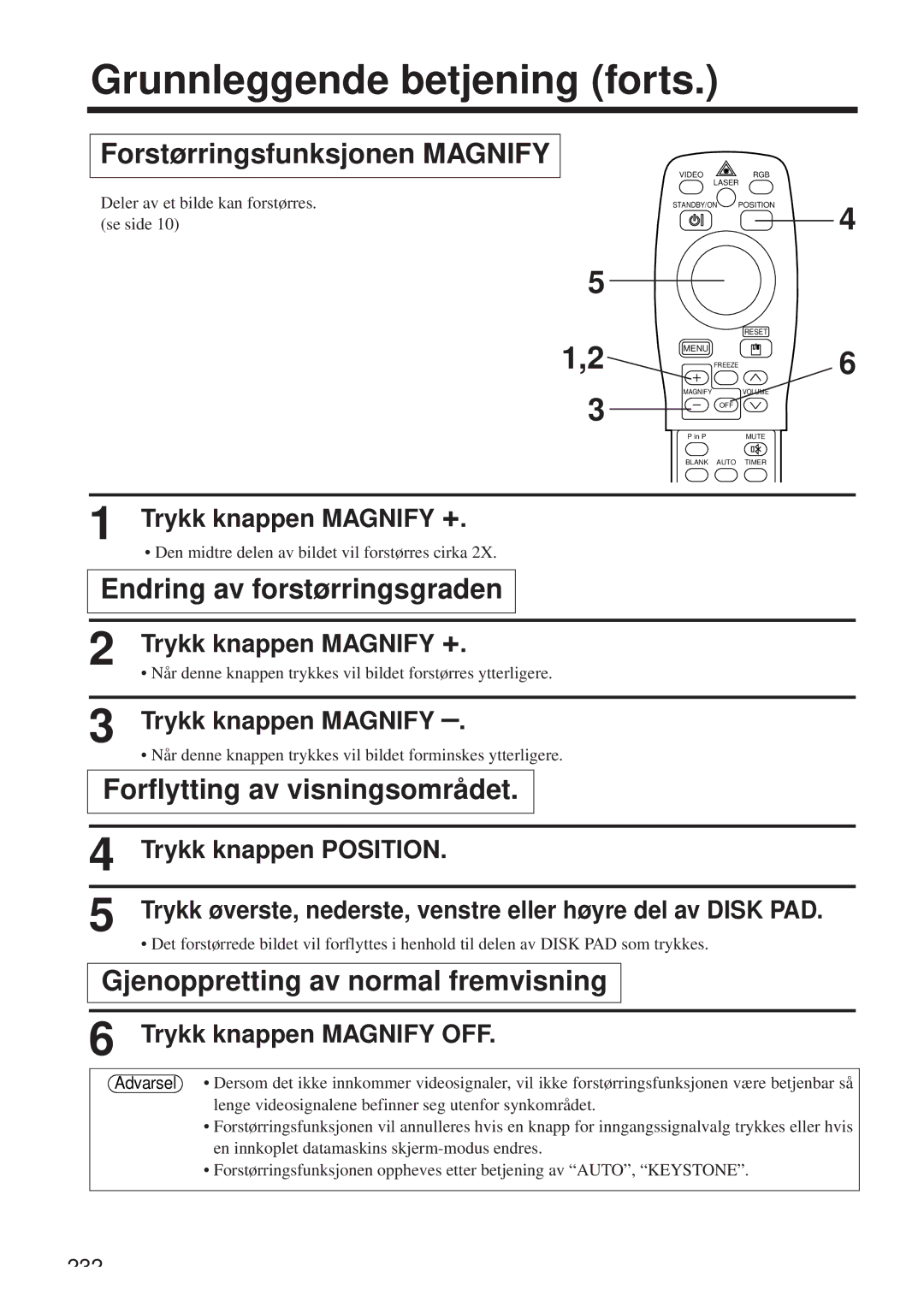 Hitachi CP-X958W/E Forstørringsfunksjonen Magnify, Endring av forstørringsgraden, Forflytting av visningsområdet 