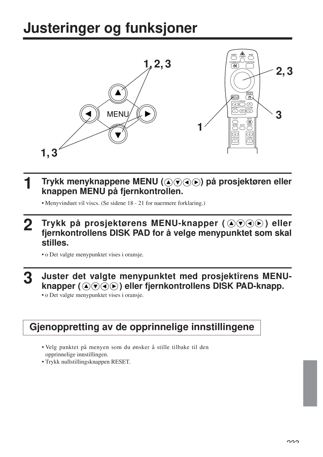 Hitachi CP-X958W/E user manual Justeringer og funksjoner, Gjenoppretting av de opprinnelige innstillingene 