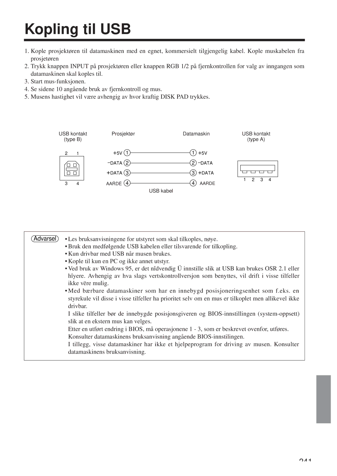 Hitachi CP-X958W/E user manual Kopling til USB, USB kontakt Prosjektør Datamaskin, Type B Type a, USB kabel 