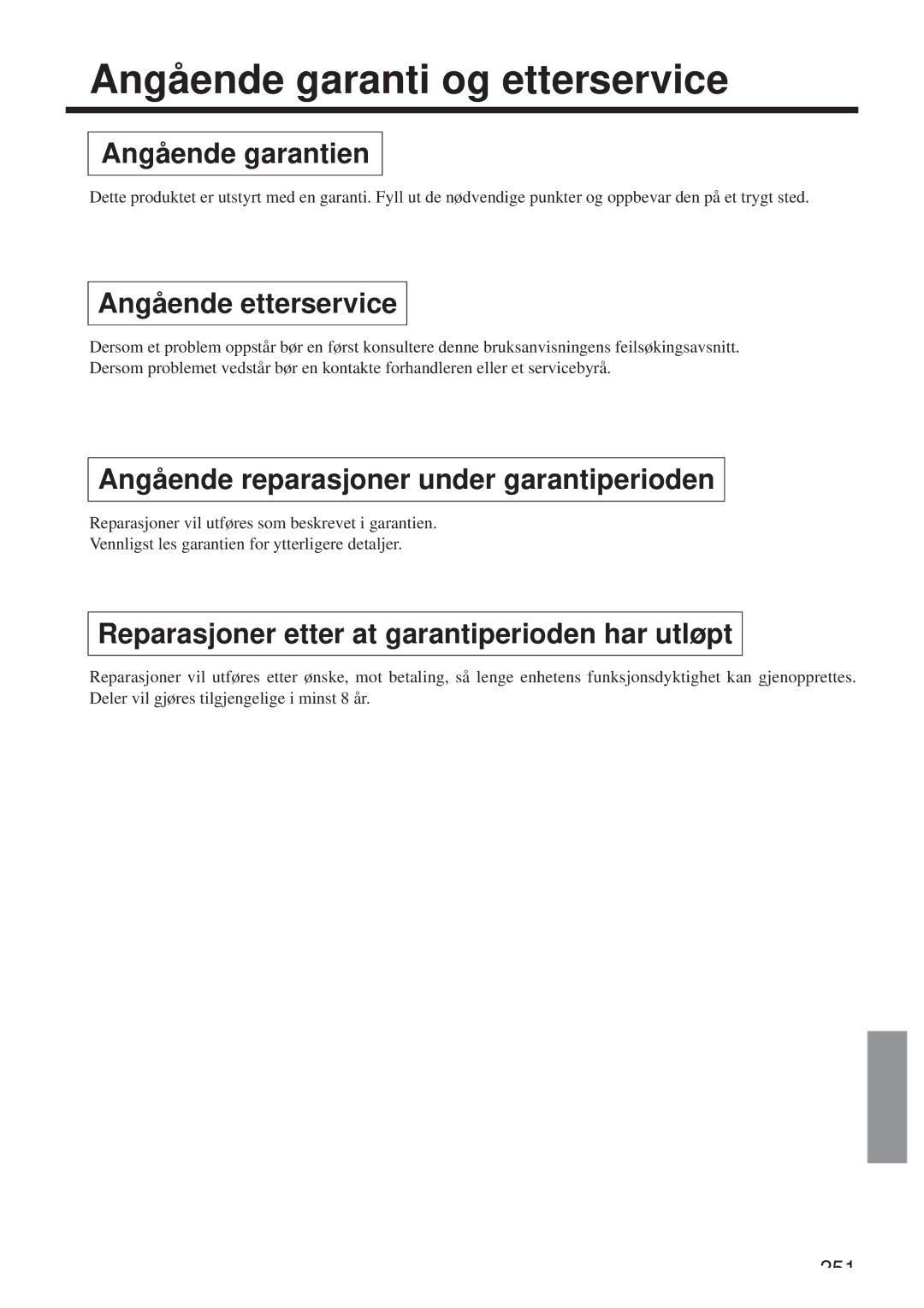 Hitachi CP-X958W/E user manual Angående garanti og etterservice, Angående garantien, Angående etterservice 