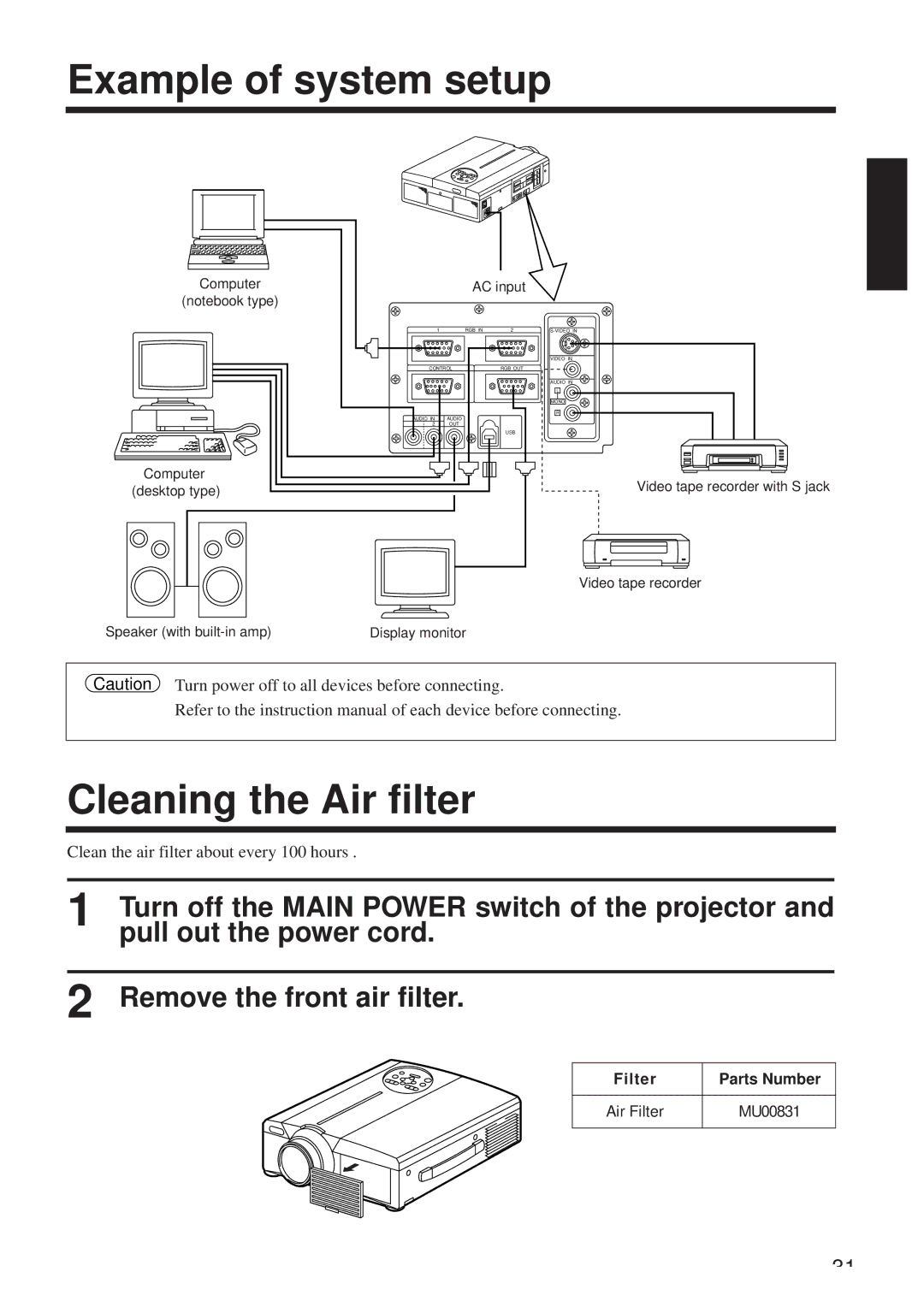 Hitachi CP-X958W/E Example of system setup, Cleaning the Air filter, Pull out the power cord Remove the front air filter 