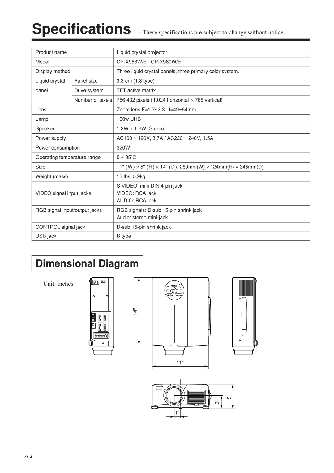 Hitachi CP-X958W/E user manual Dimensional Diagram, Unit inches 