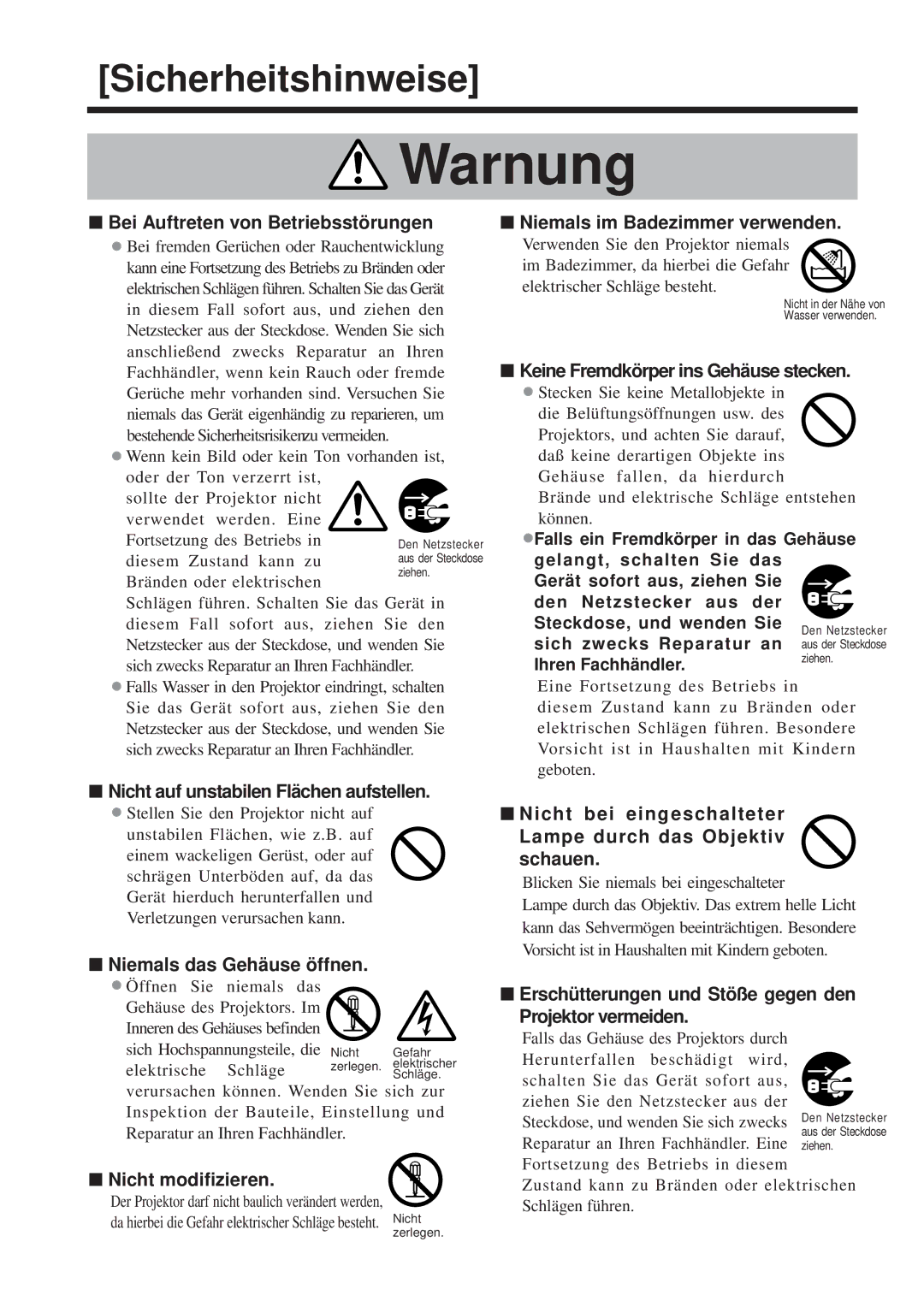 Hitachi CP-X958W/E Bei Auftreten von Betriebsstörungen, Nicht auf unstabilen Flächen aufstellen, Nicht modifizieren 