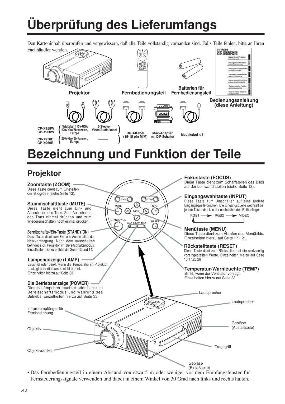 Hitachi CP-X958W/E user manual Überprüfung des Lieferumfangs, Bezeichnung und Funktion der Teile, Projektor 