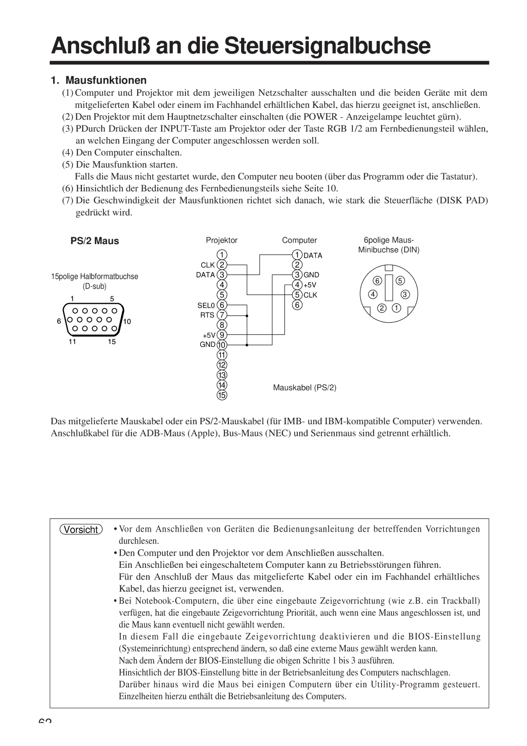 Hitachi CP-X958W/E Anschluß an die Steuersignalbuchse, Mausfunktionen, Durchlesen, Projektor Computer, Mauskabel PS/2 