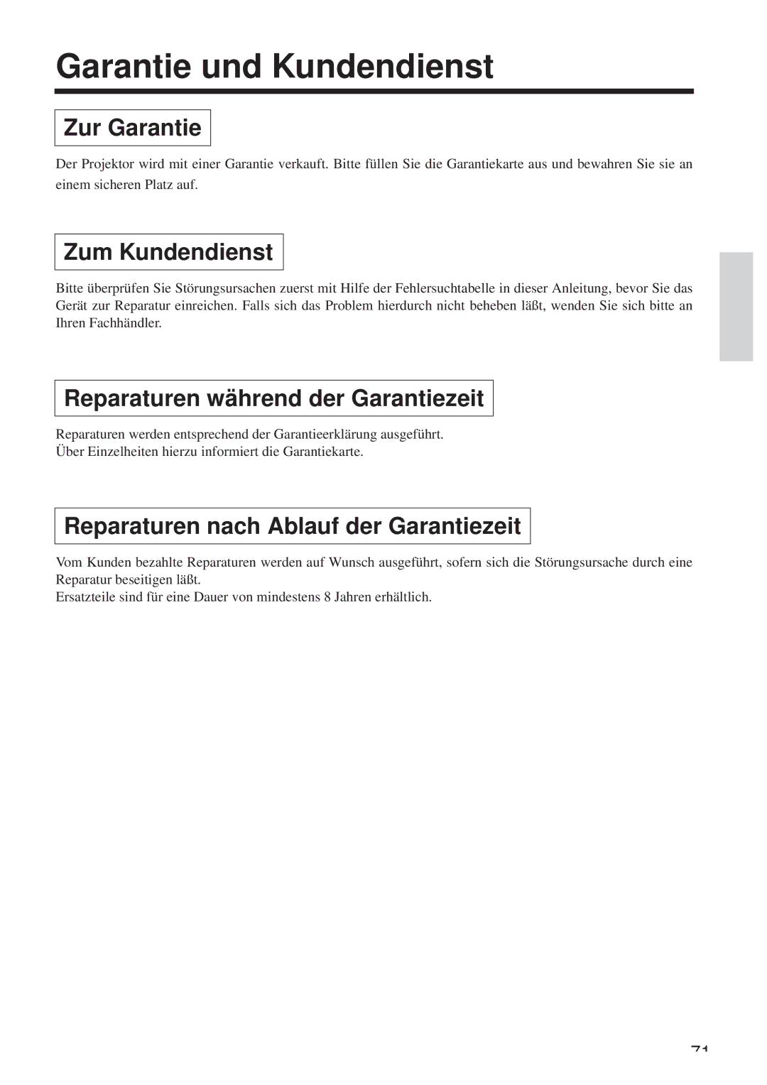 Hitachi CP-X958W/E Garantie und Kundendienst, Zur Garantie, Zum Kundendienst, Reparaturen während der Garantiezeit 