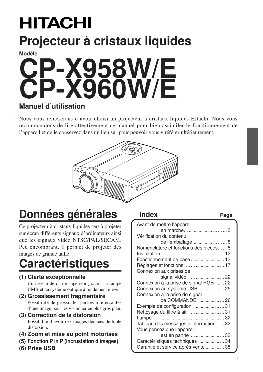 Hitachi CP-X958W/E user manual Données générales, Caractéristiques, Manuel d’utilisation, IndexPage, Modèle 