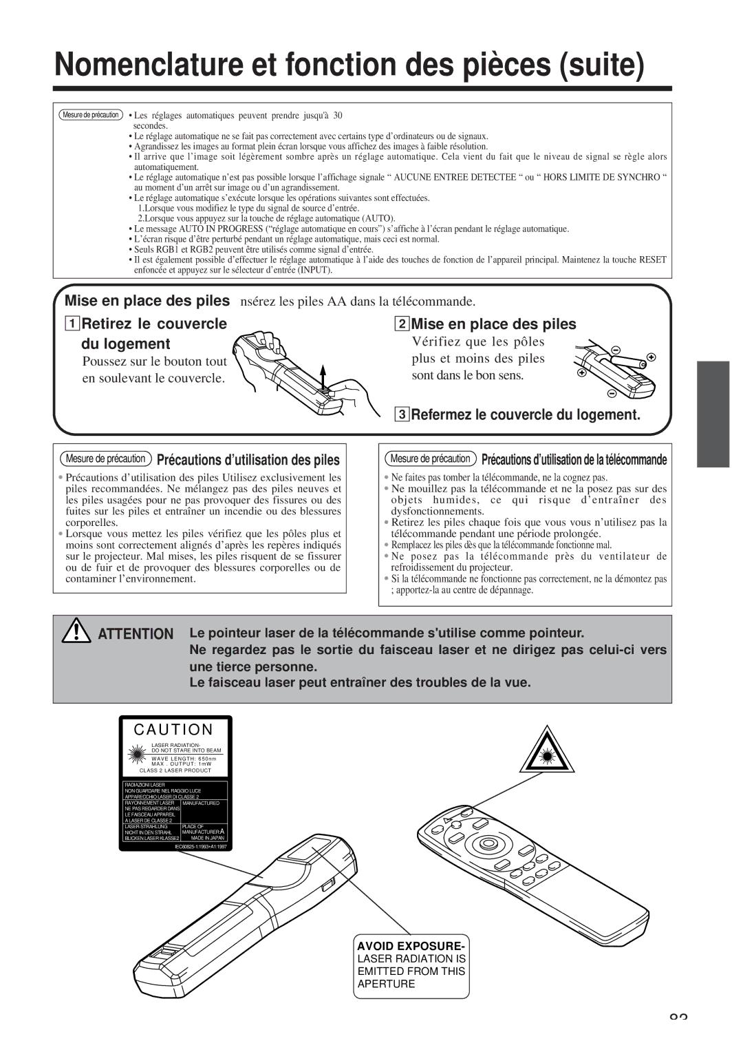 Hitachi CP-X958W/E user manual Mise en place des piles 1Retirez le couvercle Du logement, 2Mise en place des piles 