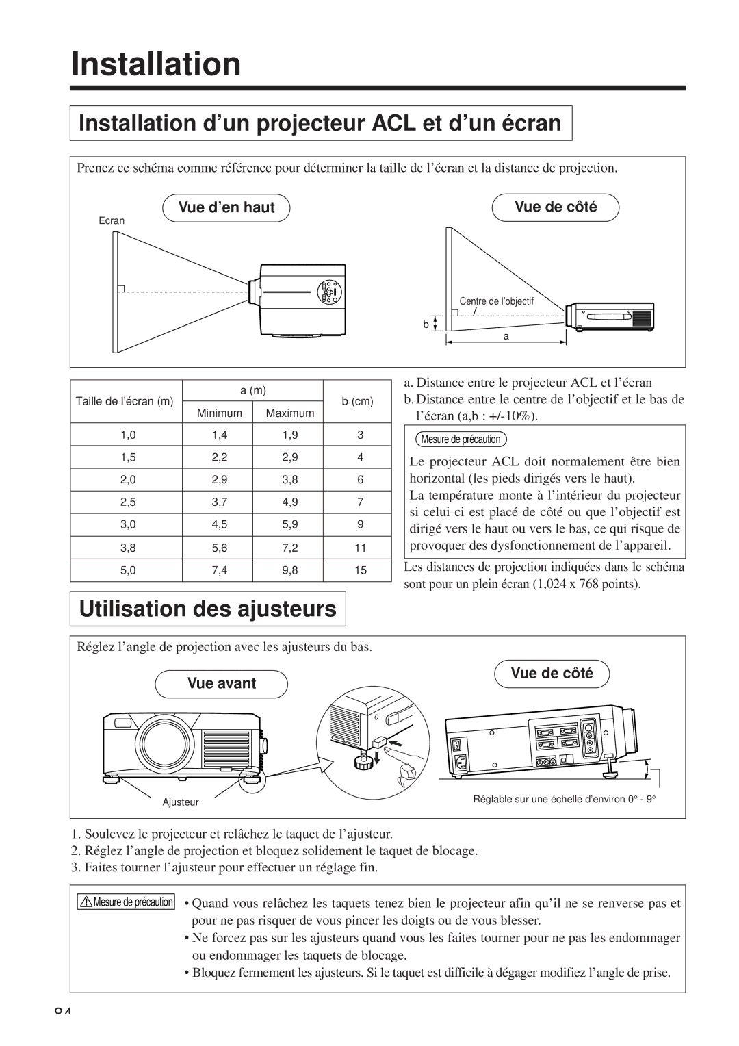 Hitachi CP-X958W/E Installation d’un projecteur ACL et d’un écran, Utilisation des ajusteurs, Vue d’en haut, Vue de côté 