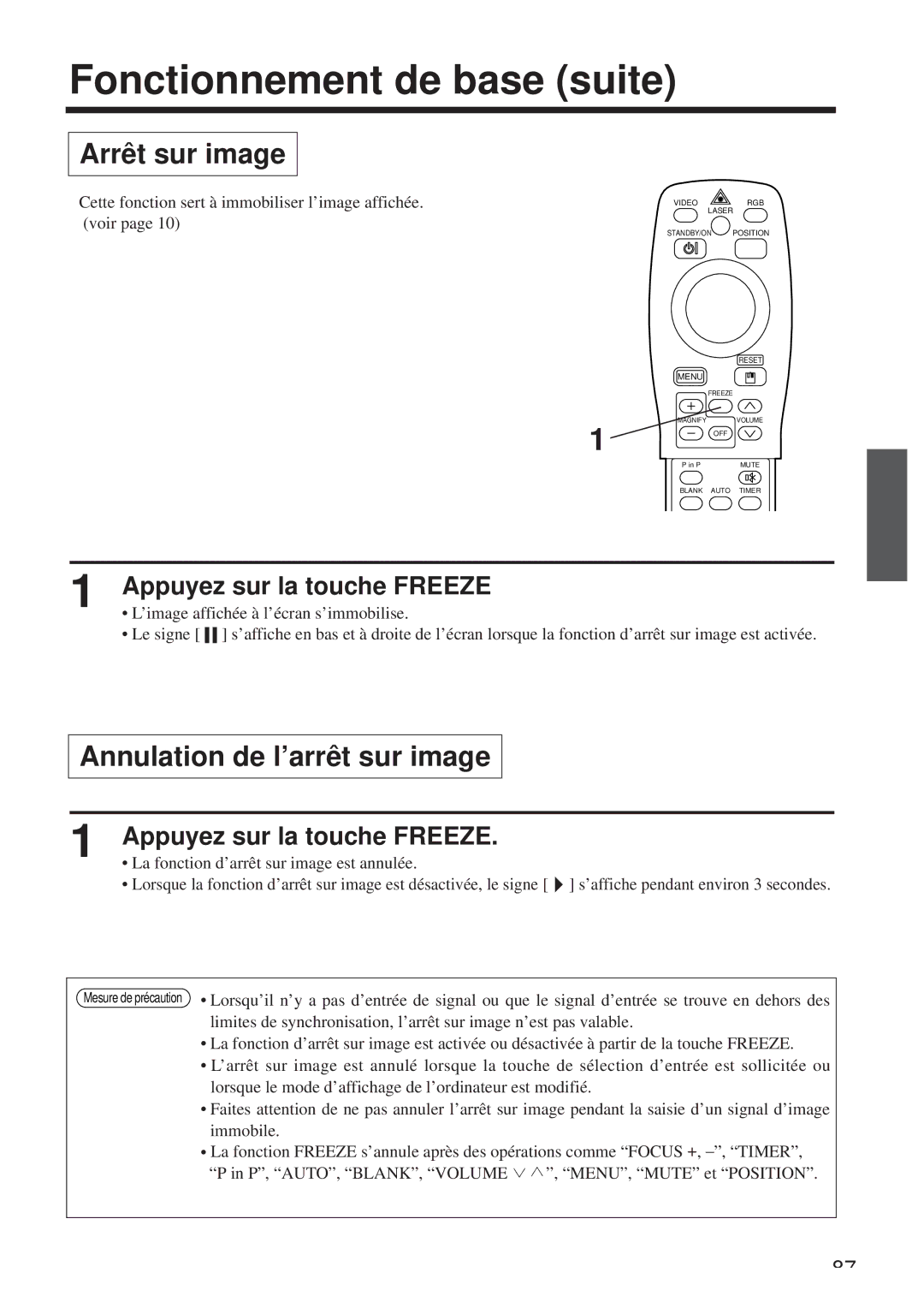 Hitachi CP-X958W/E user manual Arrêt sur image, Annulation de l’arrêt sur image, Appuyez sur la touche Freeze 