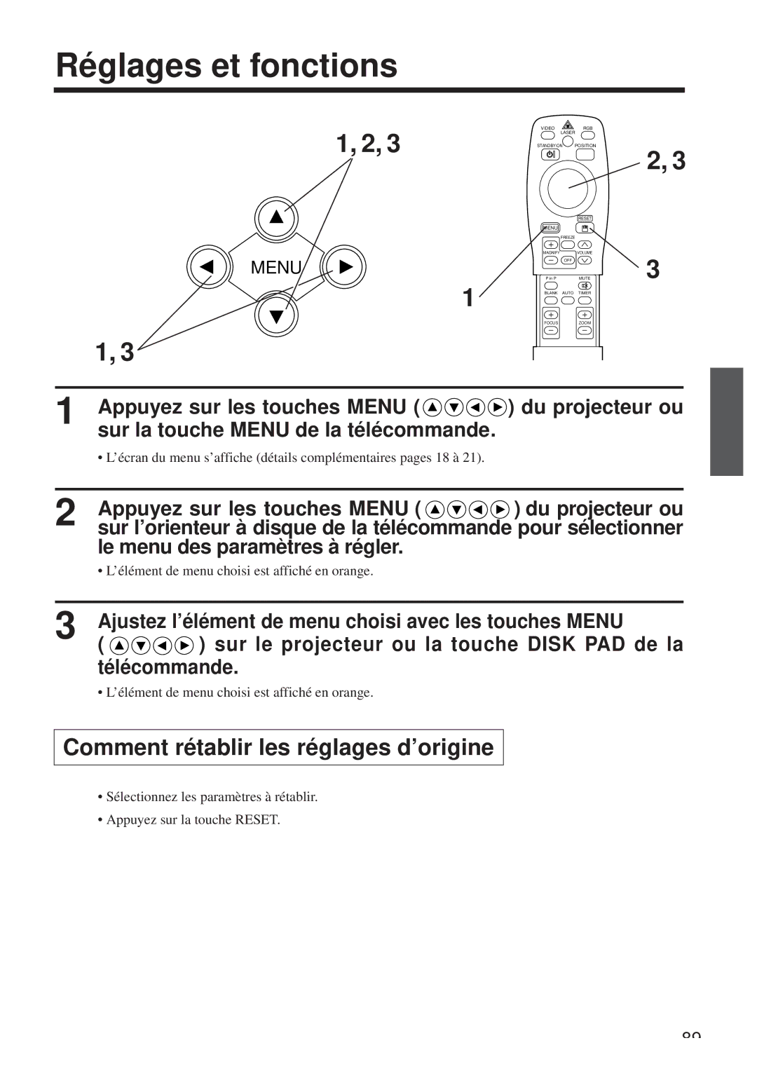 Hitachi CP-X958W/E user manual Réglages et fonctions, Comment rétablir les réglages d’origine 