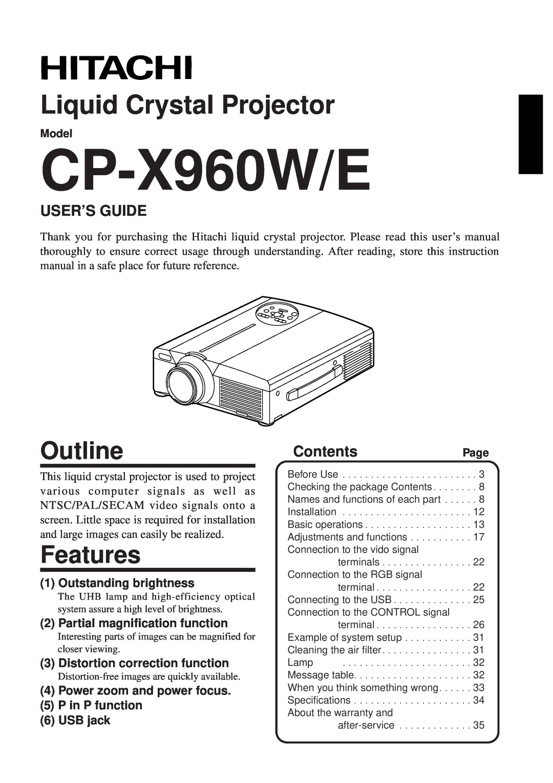 Hitachi user manual Outline, Features, User’S Guide, ContentsPage, Model, CP-X960W/E, Liquid Crystal Projector 