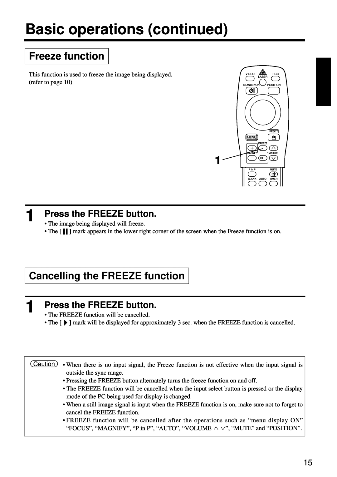 Hitachi CP-X960W Freeze function, Cancelling the FREEZE function, Press the FREEZE button, Basic operations continued 