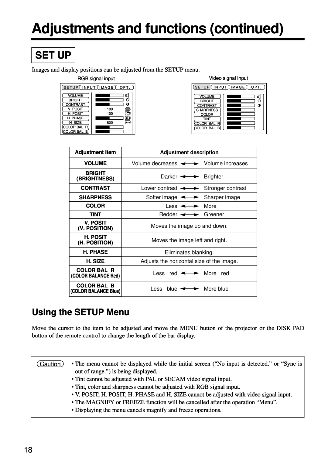 Hitachi CP-X960W user manual Adjustments and functions continued, Set Up, Using the SETUP Menu 