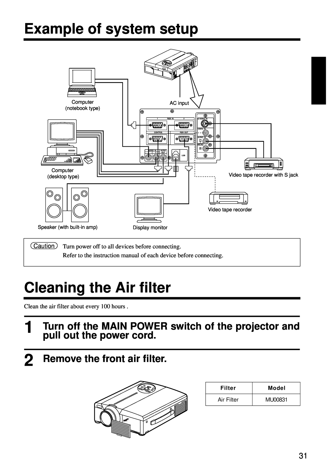 Hitachi CP-X960W Example of system setup, Cleaning the Air filter, pull out the power cord, Remove the front air filter 