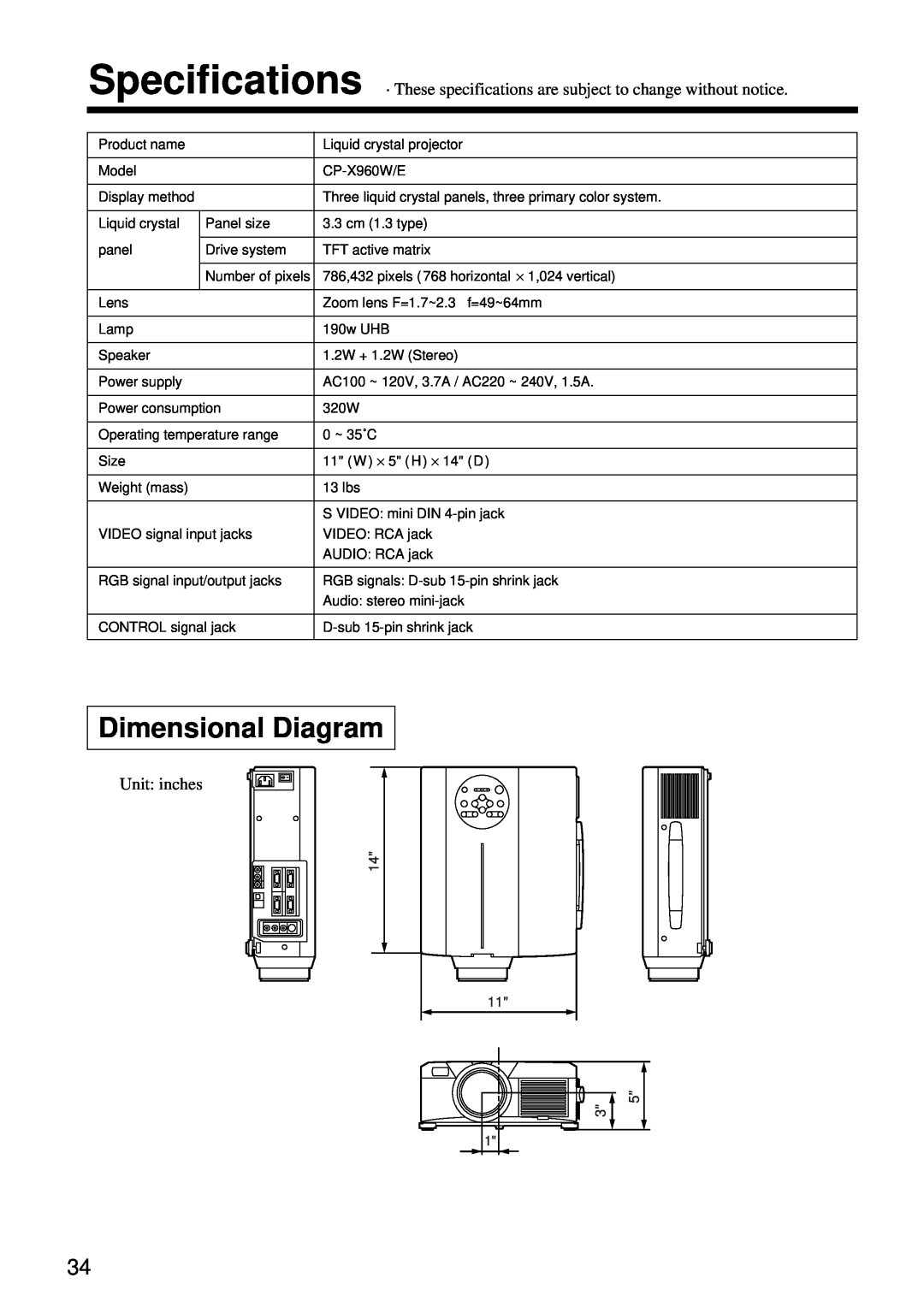 Hitachi CP-X960W user manual Dimensional Diagram, Unit inches 