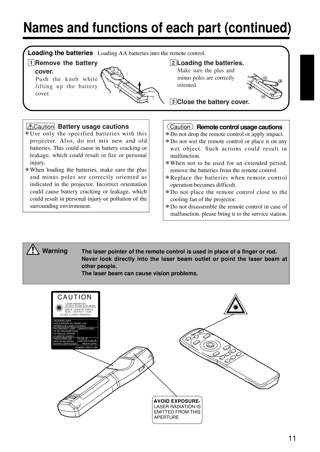 Hitachi CP-X960W user manual 1Remove the battery cover, 2Loading the batteries, 3Close the battery cover 