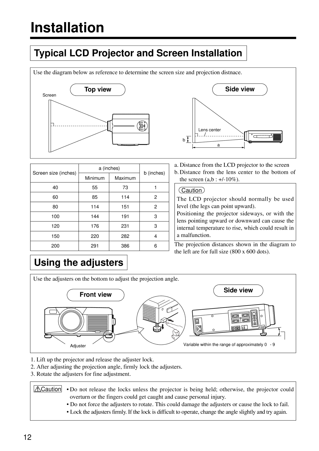 Hitachi CP-X960W user manual Typical LCD Projector and Screen Installation, Using the adjusters, Top view Side view 