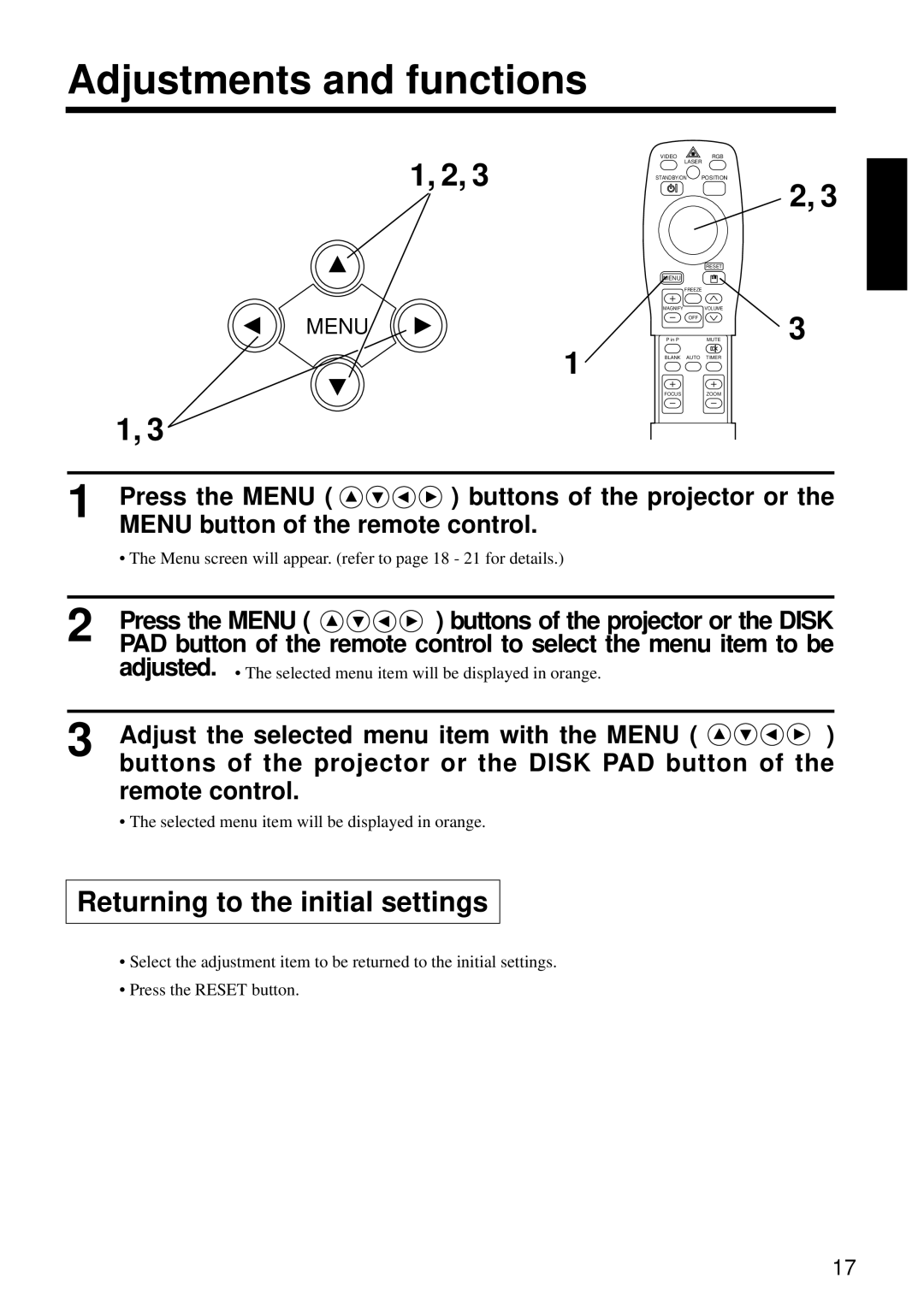 Hitachi CP-X960W user manual Adjustments and functions, Returning to the initial settings, Press the Menu 