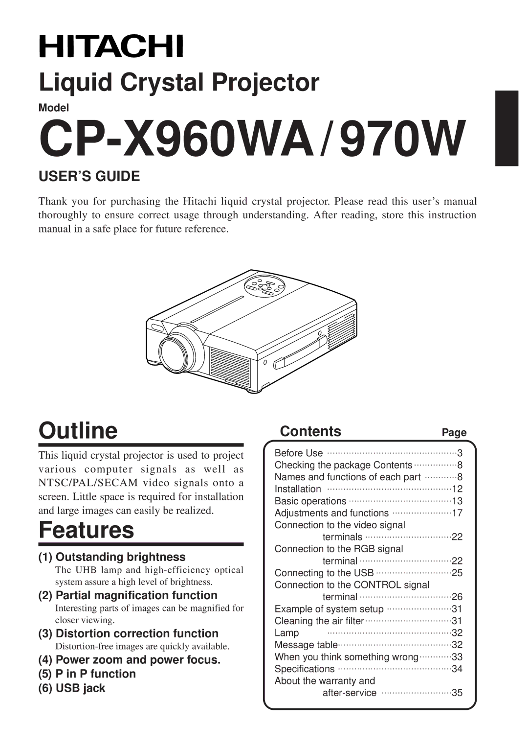 Hitachi CP-X960WA/970W user manual Outline, Features, Contents 