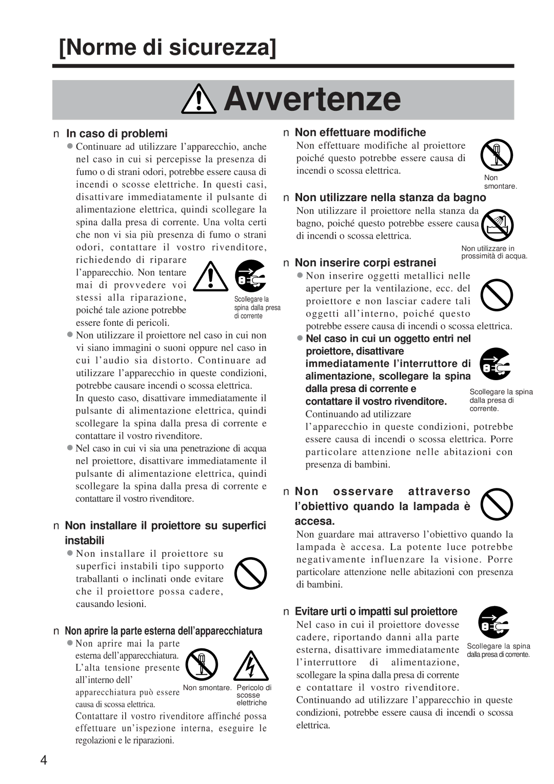 Hitachi CP-X960WA/970W user manual Caso di problemi, Non effettuare modifiche, Non utilizzare nella stanza da bagno 